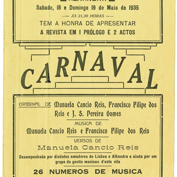 Folheto da peça 'Carnaval', por Manuela Câncio Reis, Francisco Filipe dos Reis e Joaquim Soeiro P...