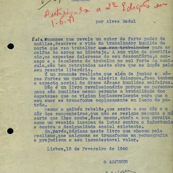 Relatório nº 1214 dos Serviços de Censura de 12 de fevereiro de 1940, relativo ao livro 'Gaibéus'...