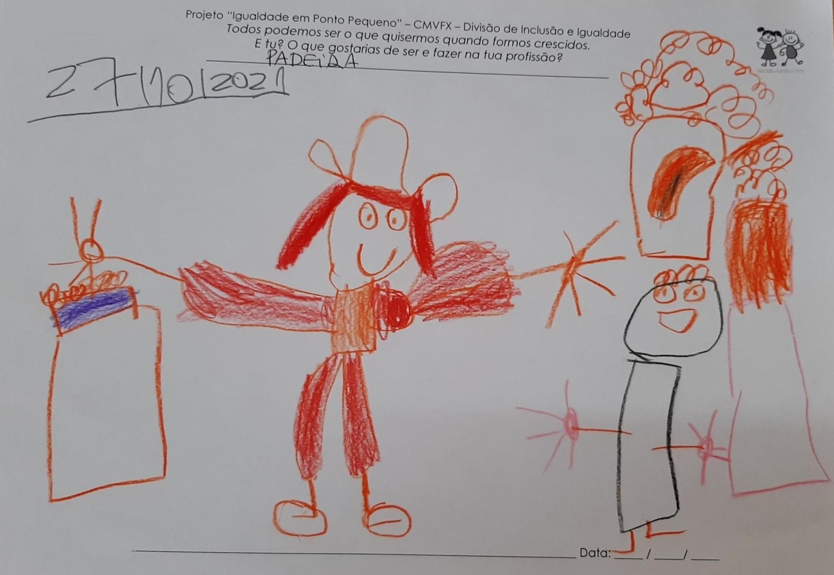 E tu? O que gostarias de ser e fazer na tua profissão? – Desenho realizado por aluna do Ensino Pr...