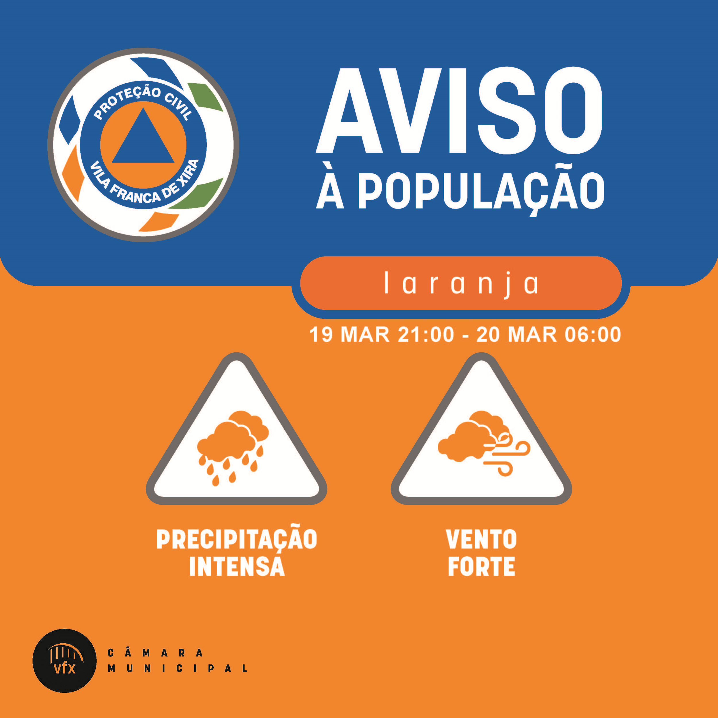 AVISO À POPULAÇÃO | Condições meteorológicas adversas - Precipitação e vento - 19 e 20 de março -...