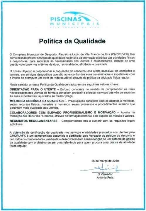 Piscina Municipal de Vila Franca de Xira - política de qualidade
