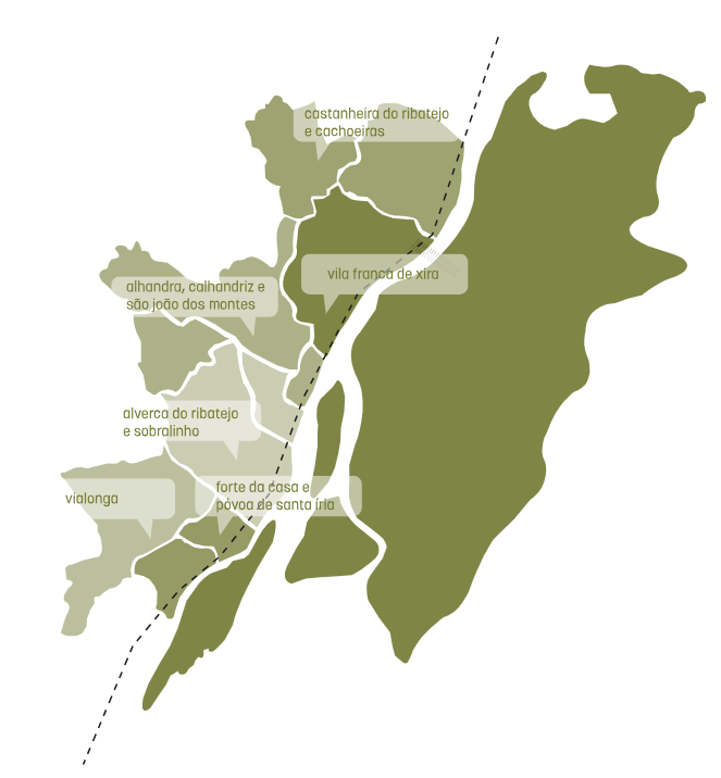 Mapa do Concelho de Vila Franca de Xira com indica&ccedil;&atilde;o das Freguesias (mais informa&ccedil;&atilde;o abaixo)